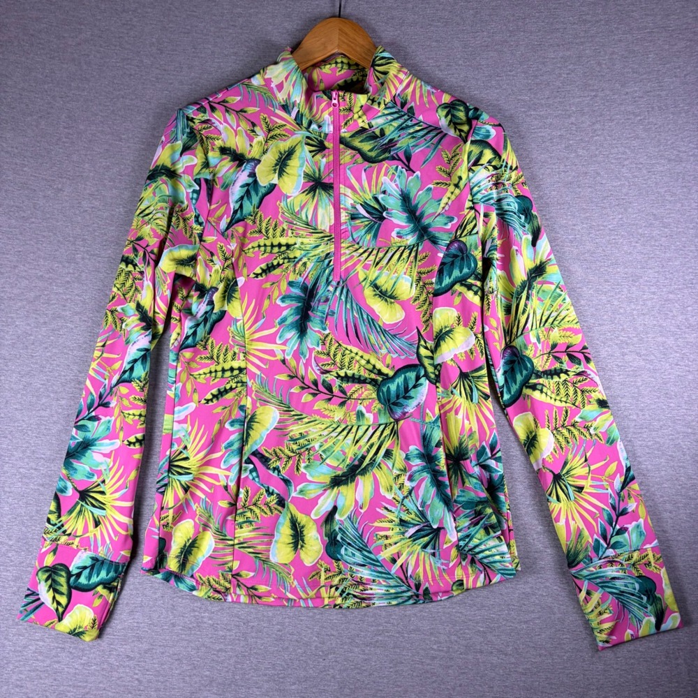 Tommy Bahama Golf Pullover Women L Pink Tropical Quarter Zip Long Sleeve Top